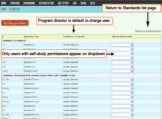 In Charge User page available to program directors