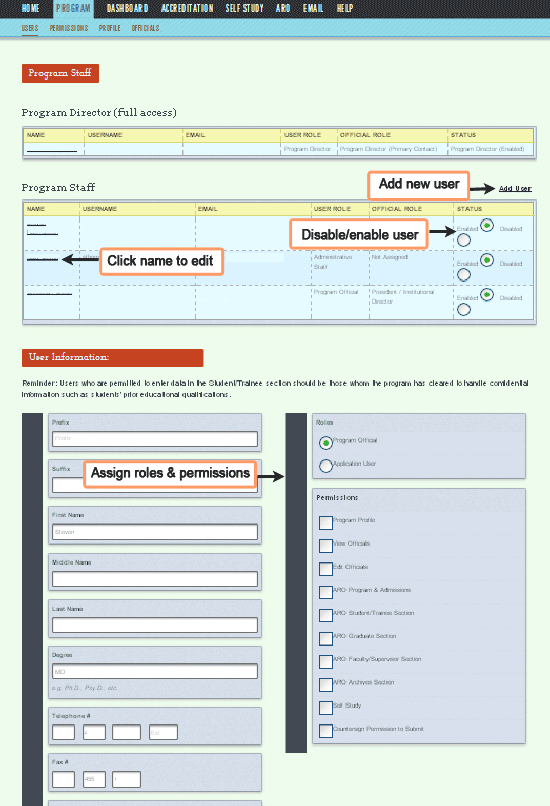 Users page with user-information box open