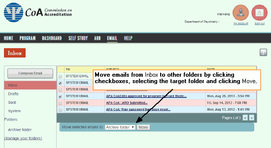Move emails to other folders by clicking checkboxes to the left of emails, selecting a folder, and clicking the Move button.